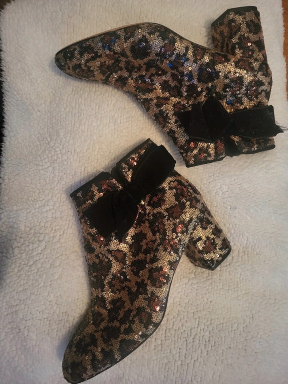 kate spade Gold and Black Sequin Leopard Ankle Boots with Velvet Bow